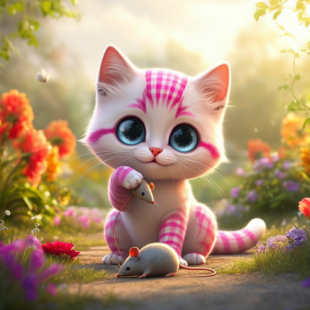 Whimsical Chibi Siamese Kitten Plays in Sunny Garden