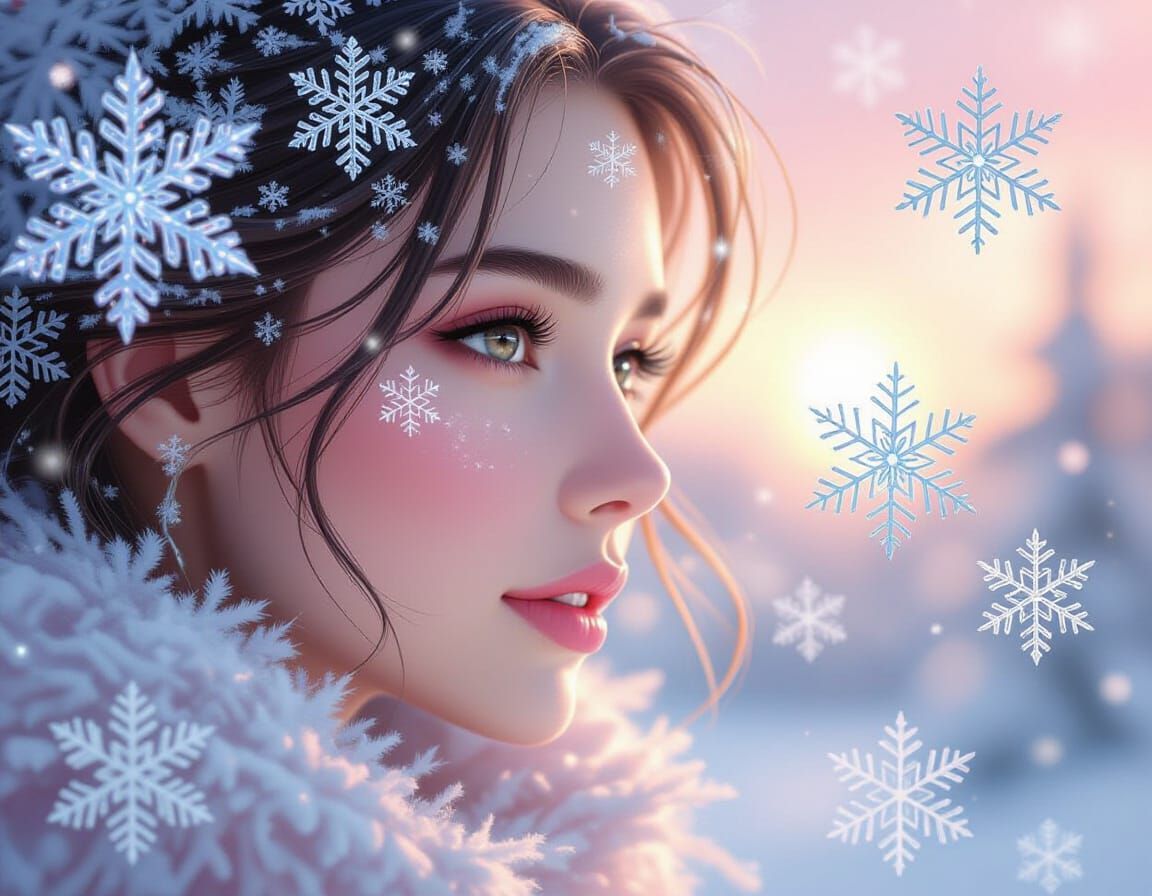 Intricate Snowflakes Swirling in Pink and Silver Sky