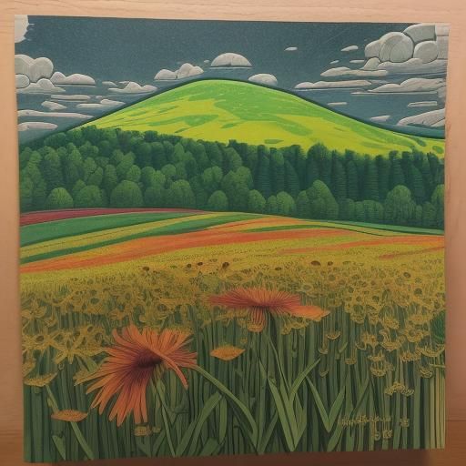 Vermont Landscape Woodcut Print in Grant Wood Style