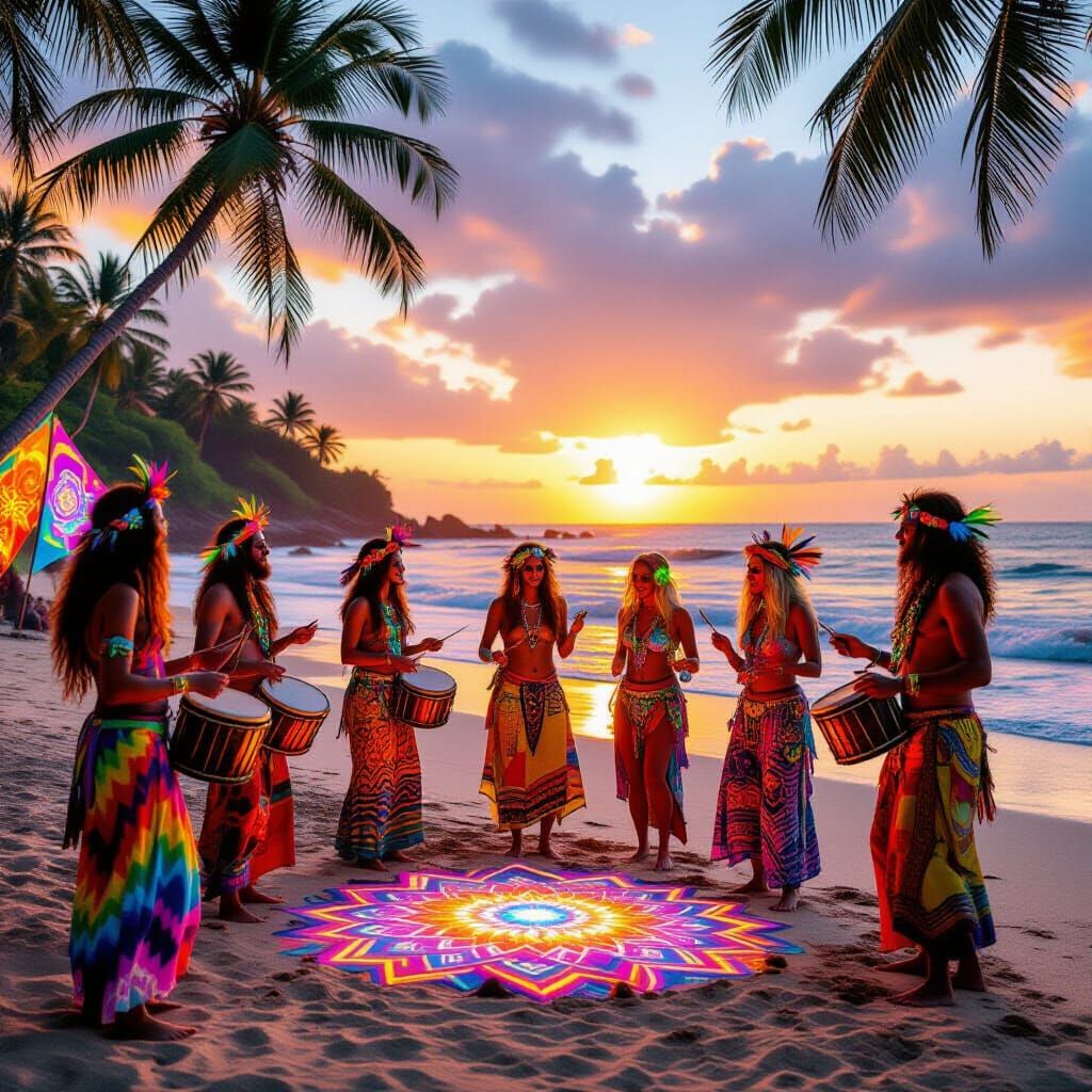 Psychedelic Goa Beach Sunset with Dancing Hippies