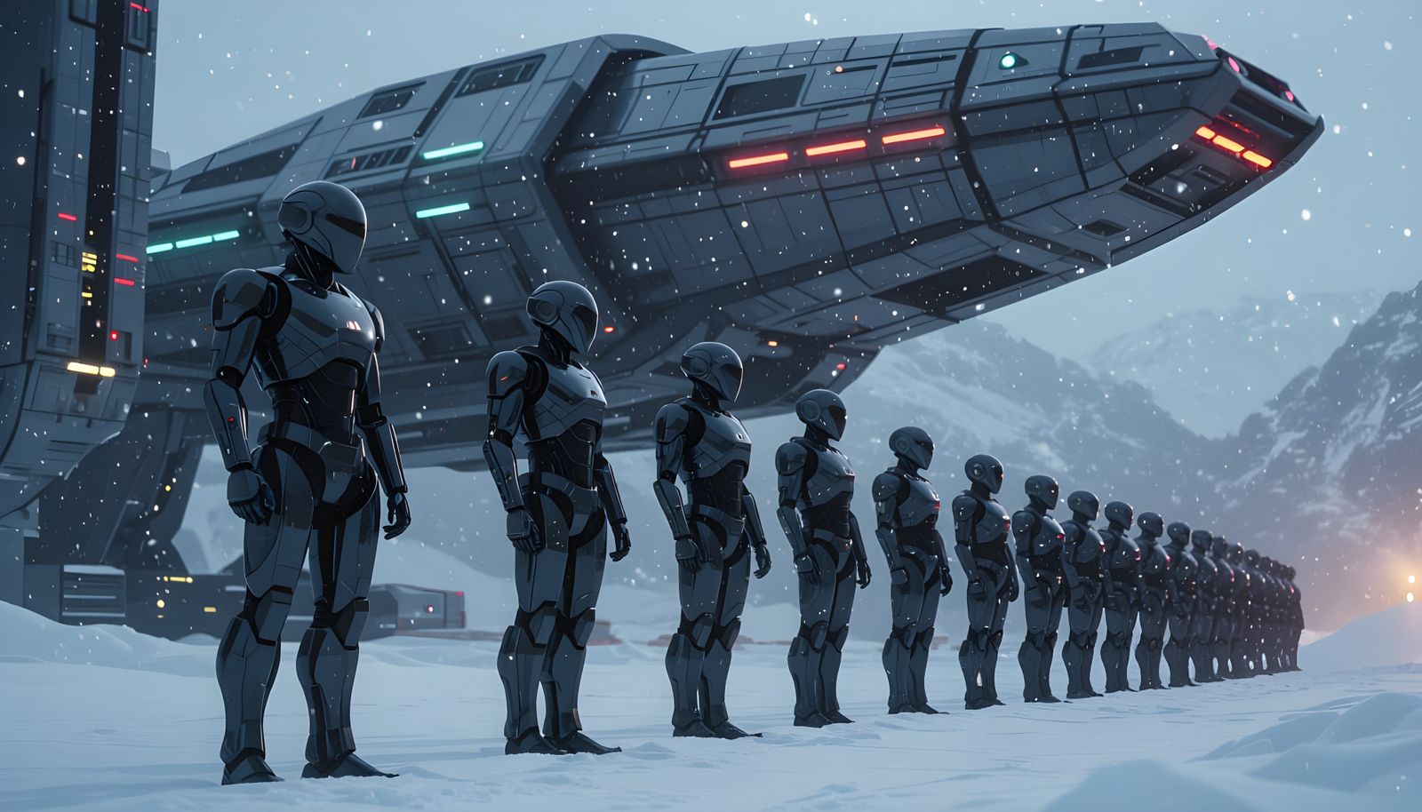 Cyber Android Soldiers Await Transport in Light Snow