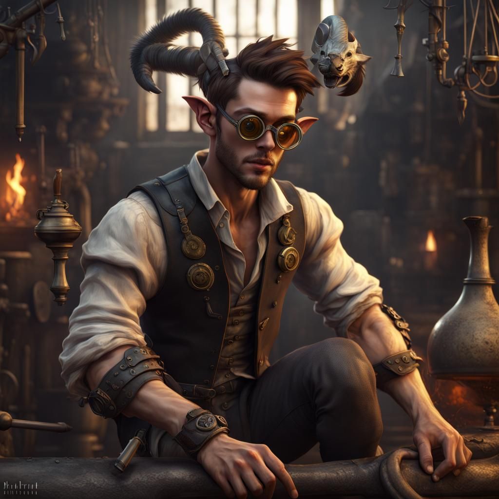 Steampunk Satyr Blacksmith in Detailed Fantasy Art