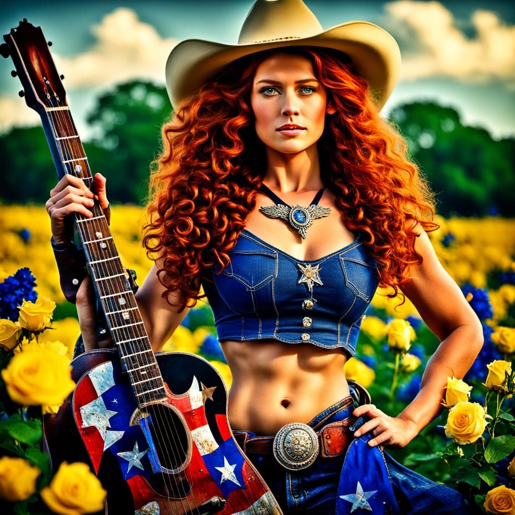 Texas Woman with Flowing Hair in Floral Field