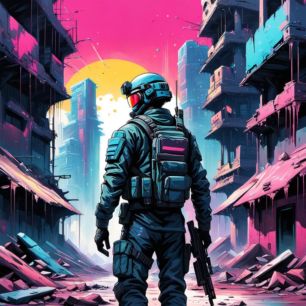Sci-Fi Soldier in Ruined City: Synthwave Style