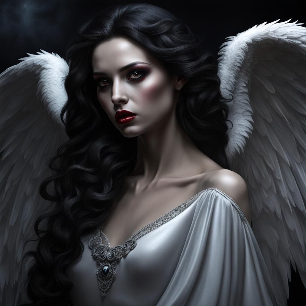 Melancholic Vampire Angel Woman in Photorealistic Style