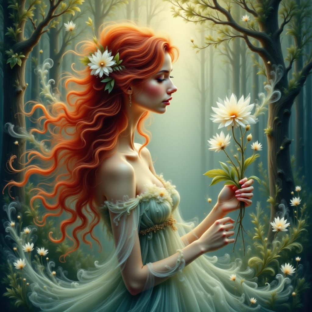 Mystical Forest Woman with Flower in Ethereal Mist
