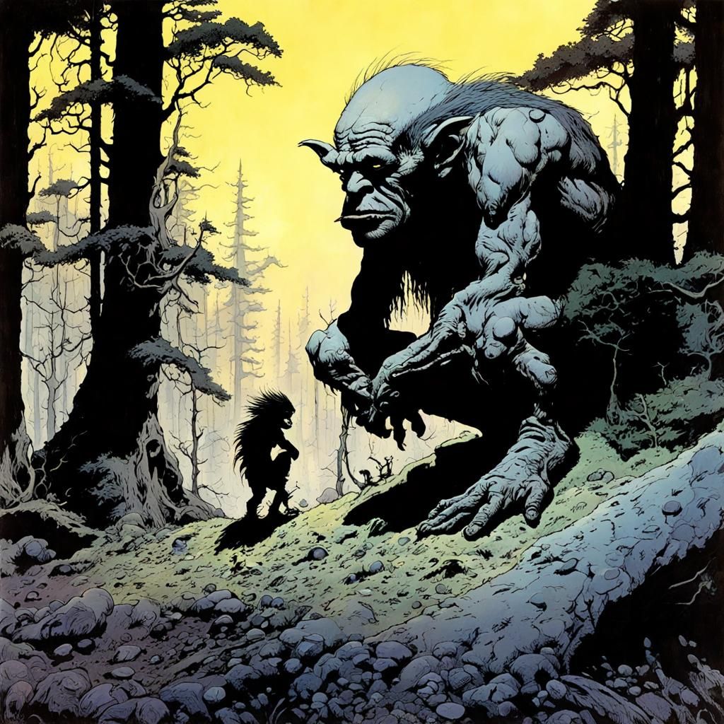 Sad Little Troll in Dark Forest Illustration