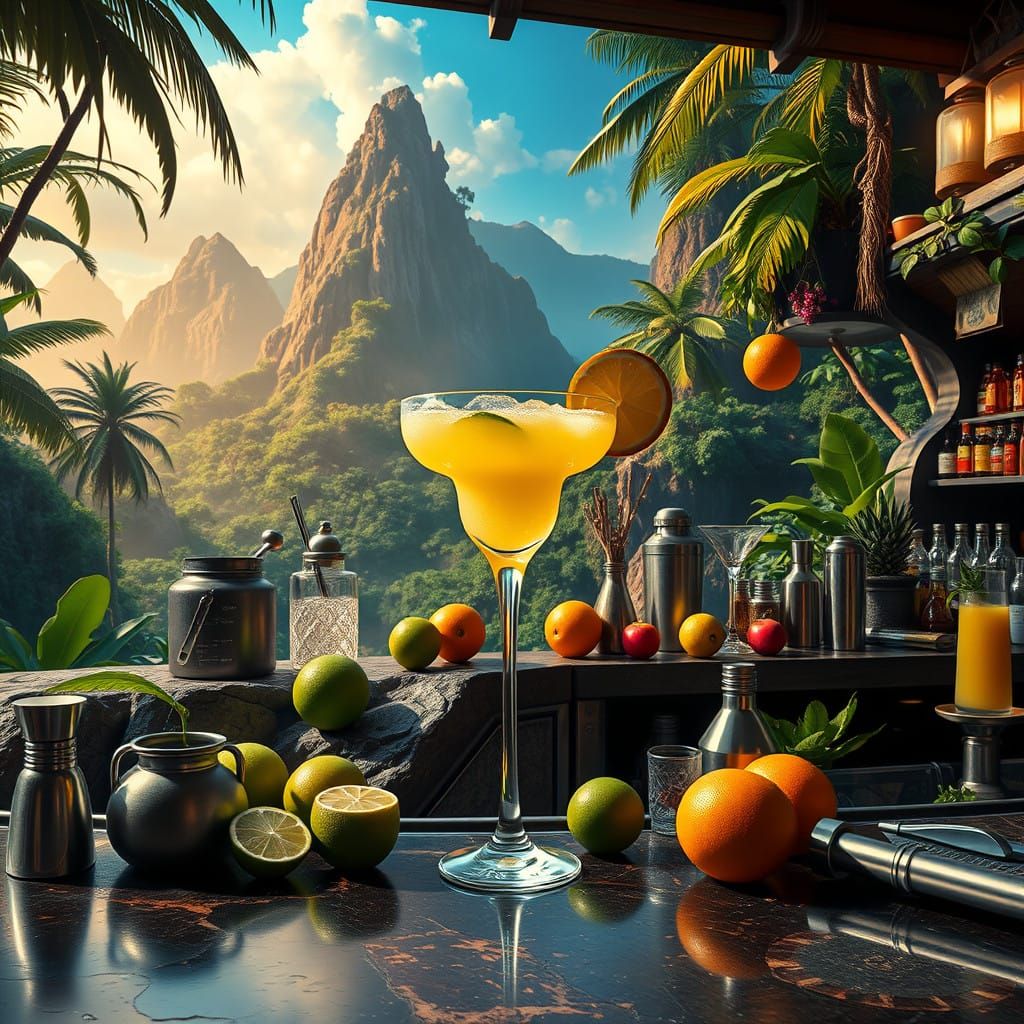 Vibrant Tiki Bar Scene with Tropical Paradise Backdrop
