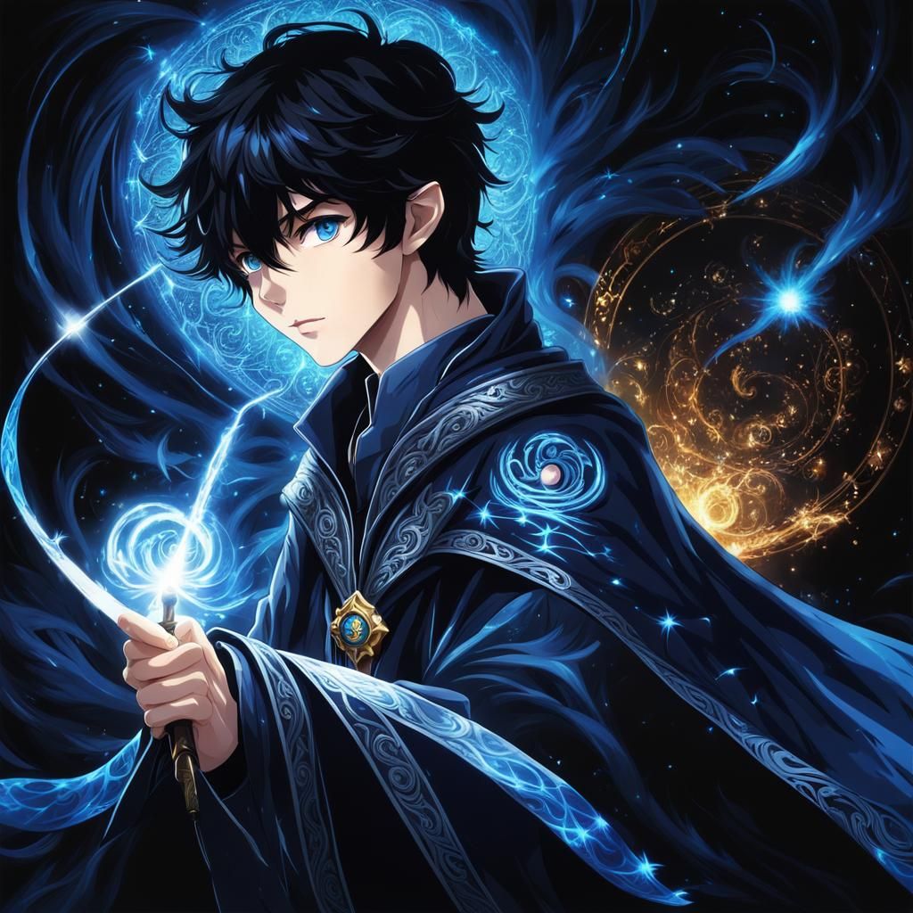 Anime Wizard with Blue Sparkles in Chiaroscuro