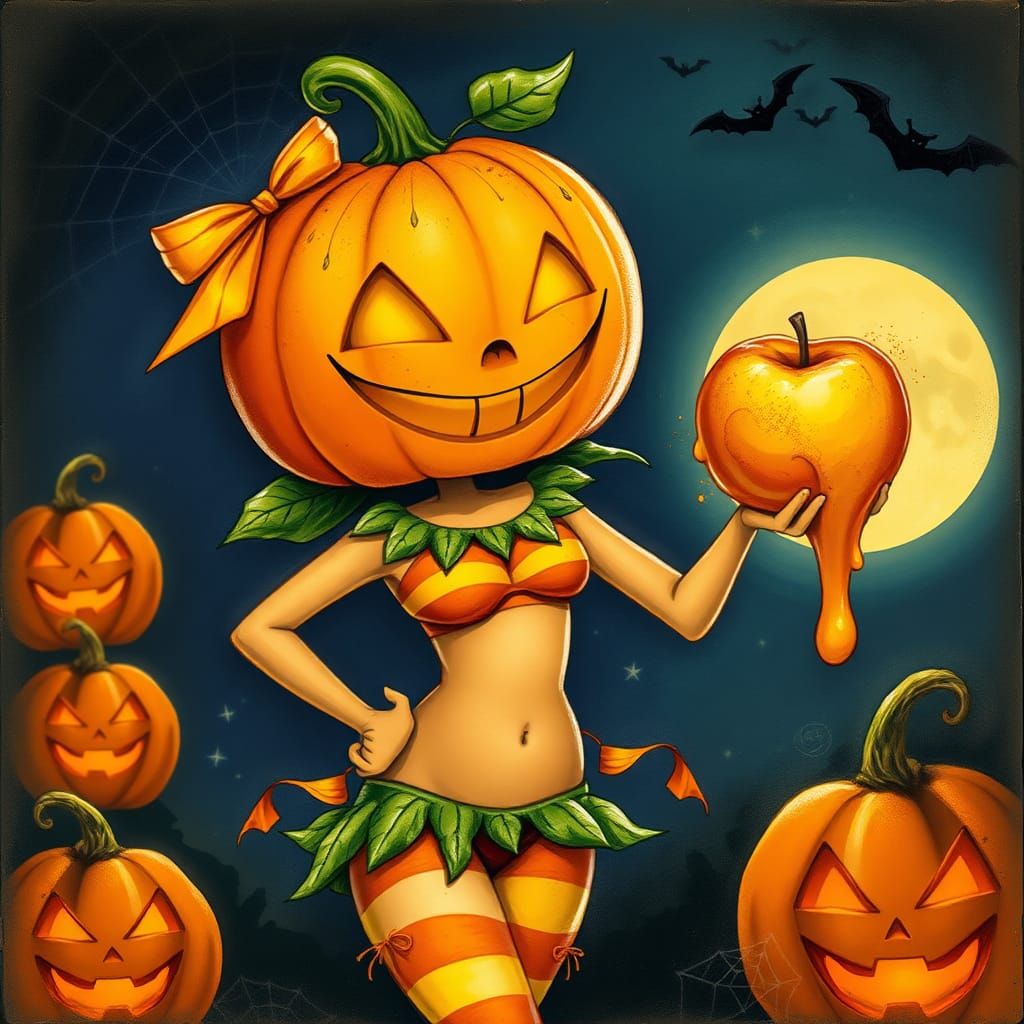 Whimsical Jack O' Lantern Girl with Caramel Apple