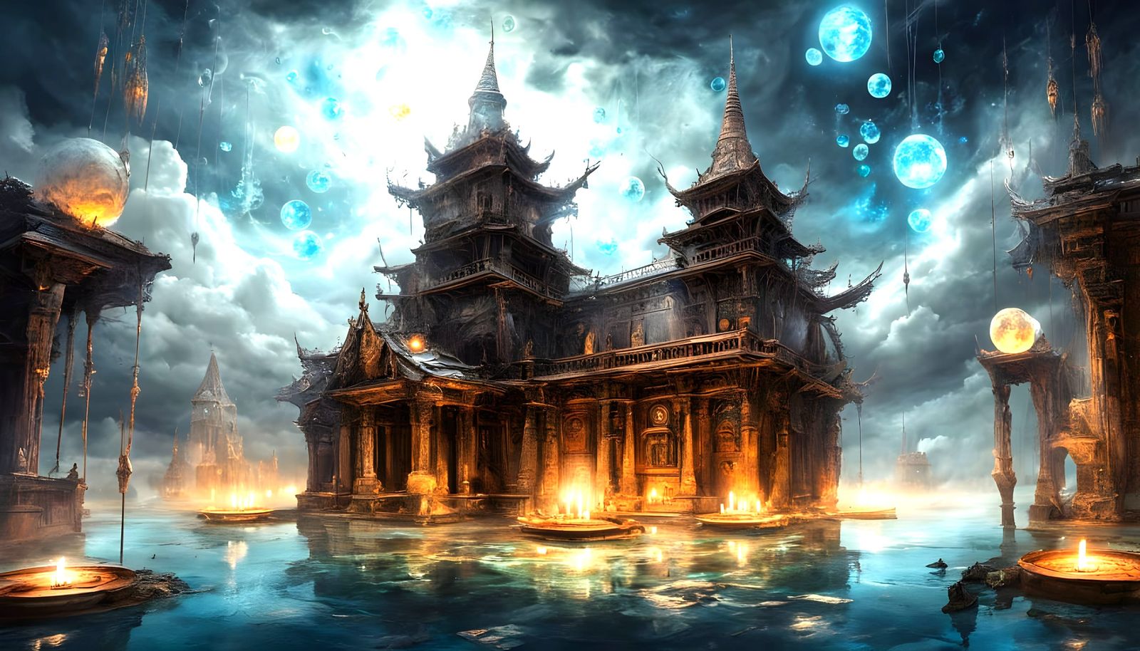 Temple in Floating Citadel: Watercolour Art
