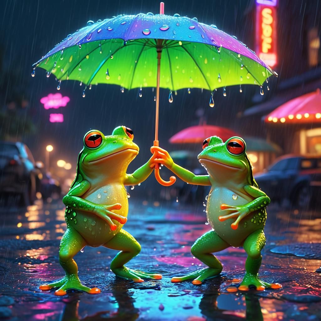Neon Frogs Dancing in the Rain: Pixar-Inspired Digital Art