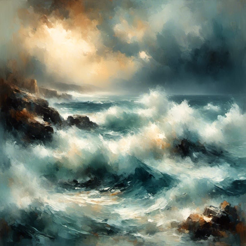 Stormy Ocean Waves Crashing on Cliffs, Oil Painting