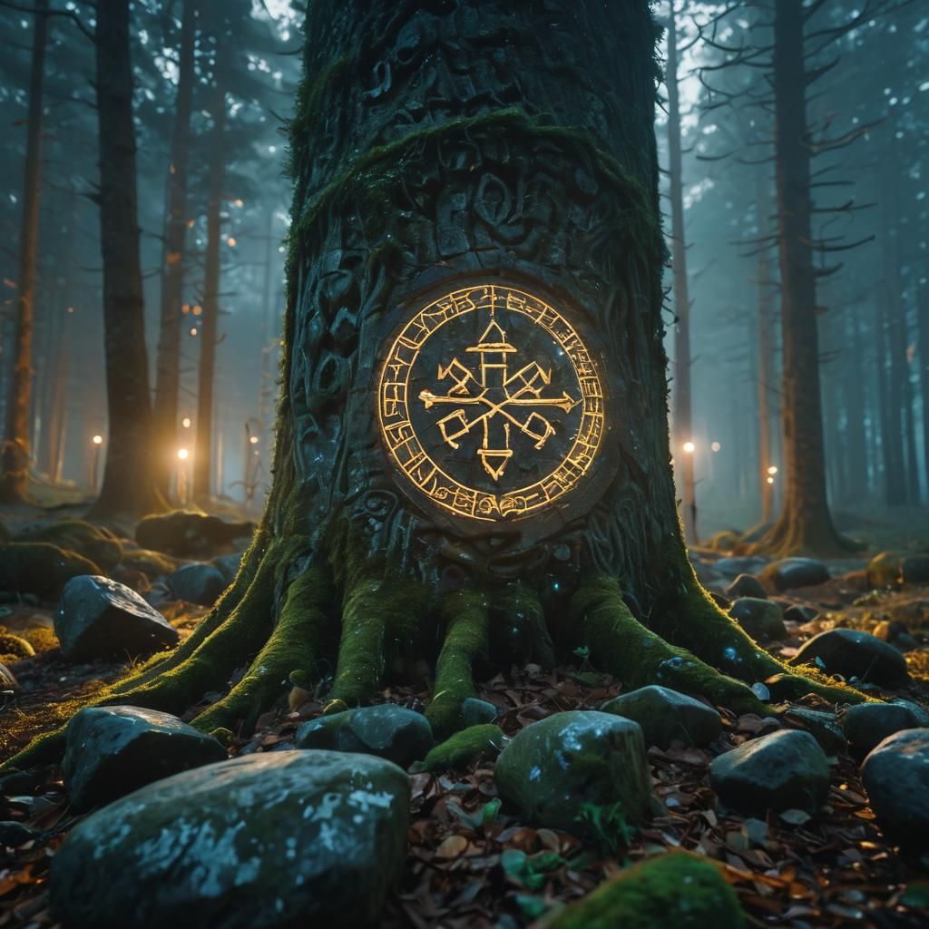 Mystical Forest with Glowing Runes at Dusk