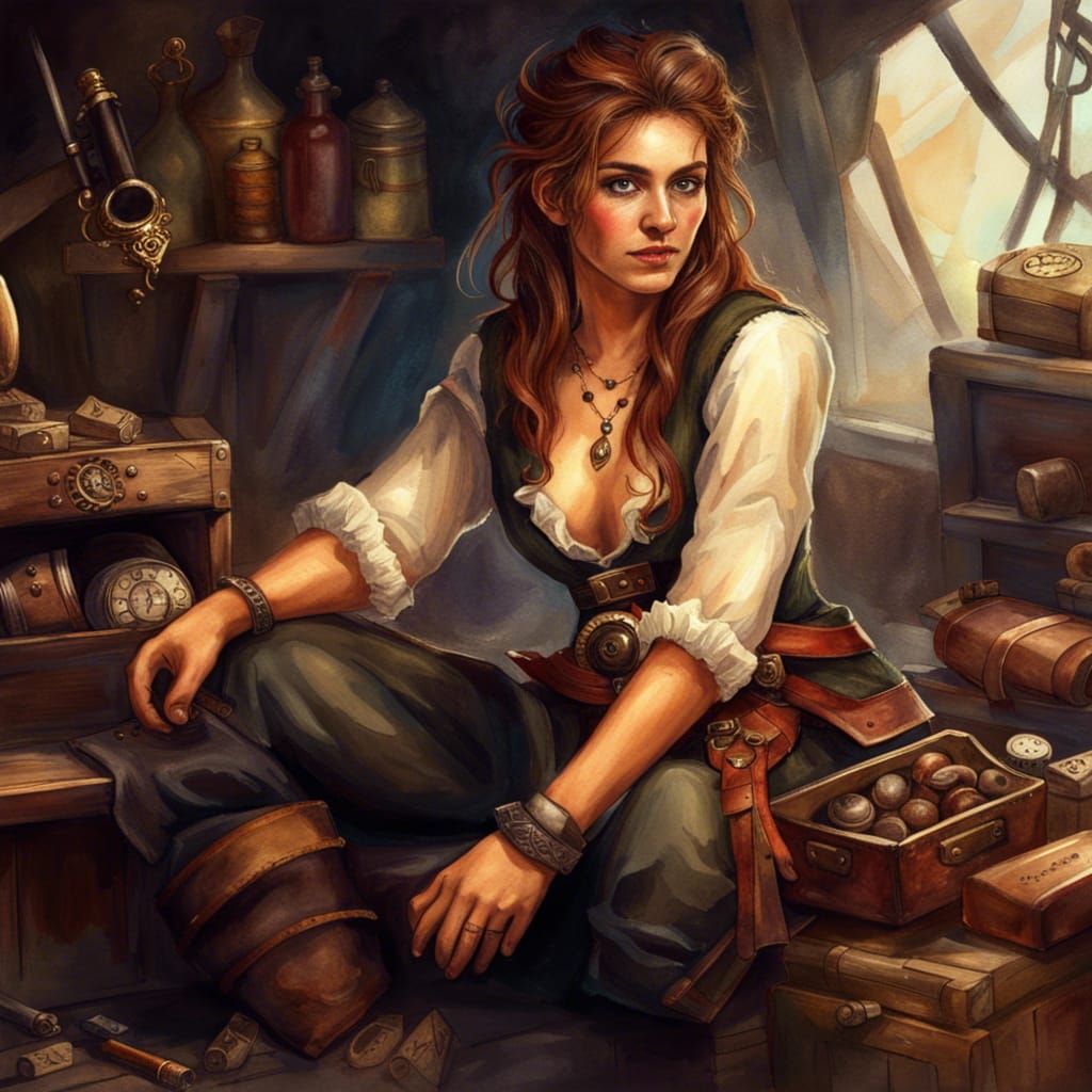 Charming Pirate Woman on Treasure Trove: Watercolour Art