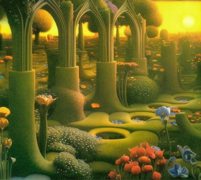 Sunrise Garden Flowers: Art Nouveau Fantasy Concept Art