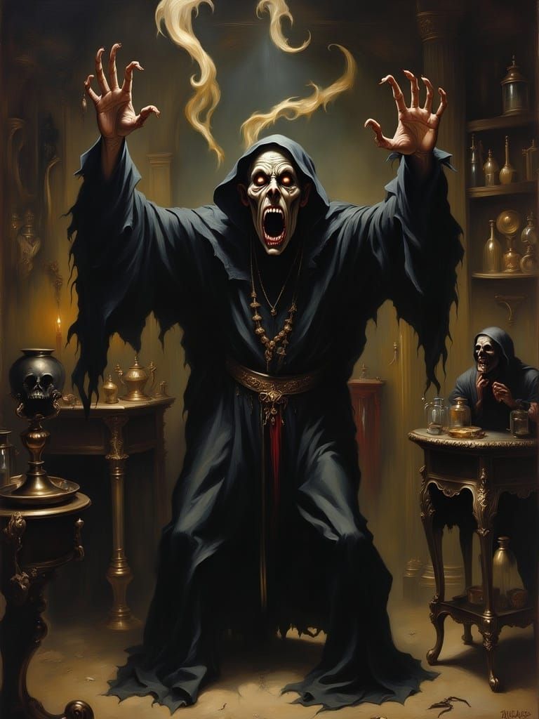 Masked Cult Leader's Dark Ritual in Chiaroscuro Style