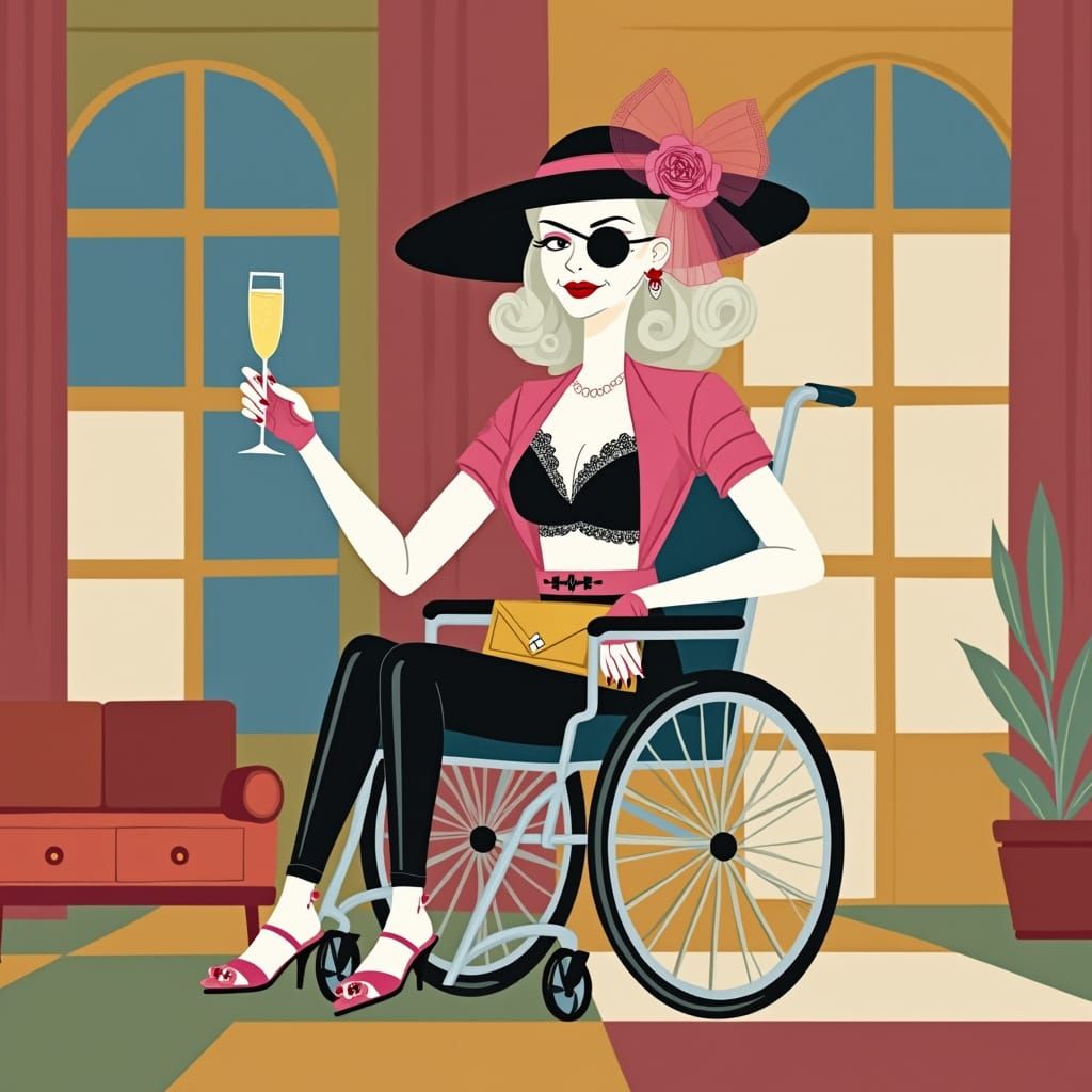 Albino Woman in Wheelchair Cheers with Champagne