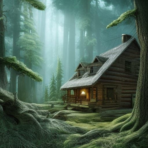Warm Cabin in the Woods: Realistic Digital Painting