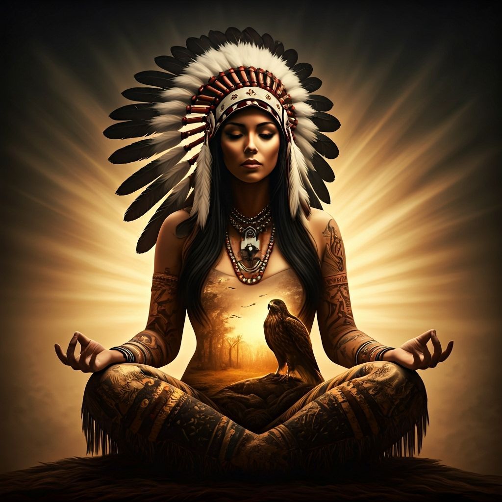 Meditating Warrior Woman Double Exposure with Meadow and Haw...