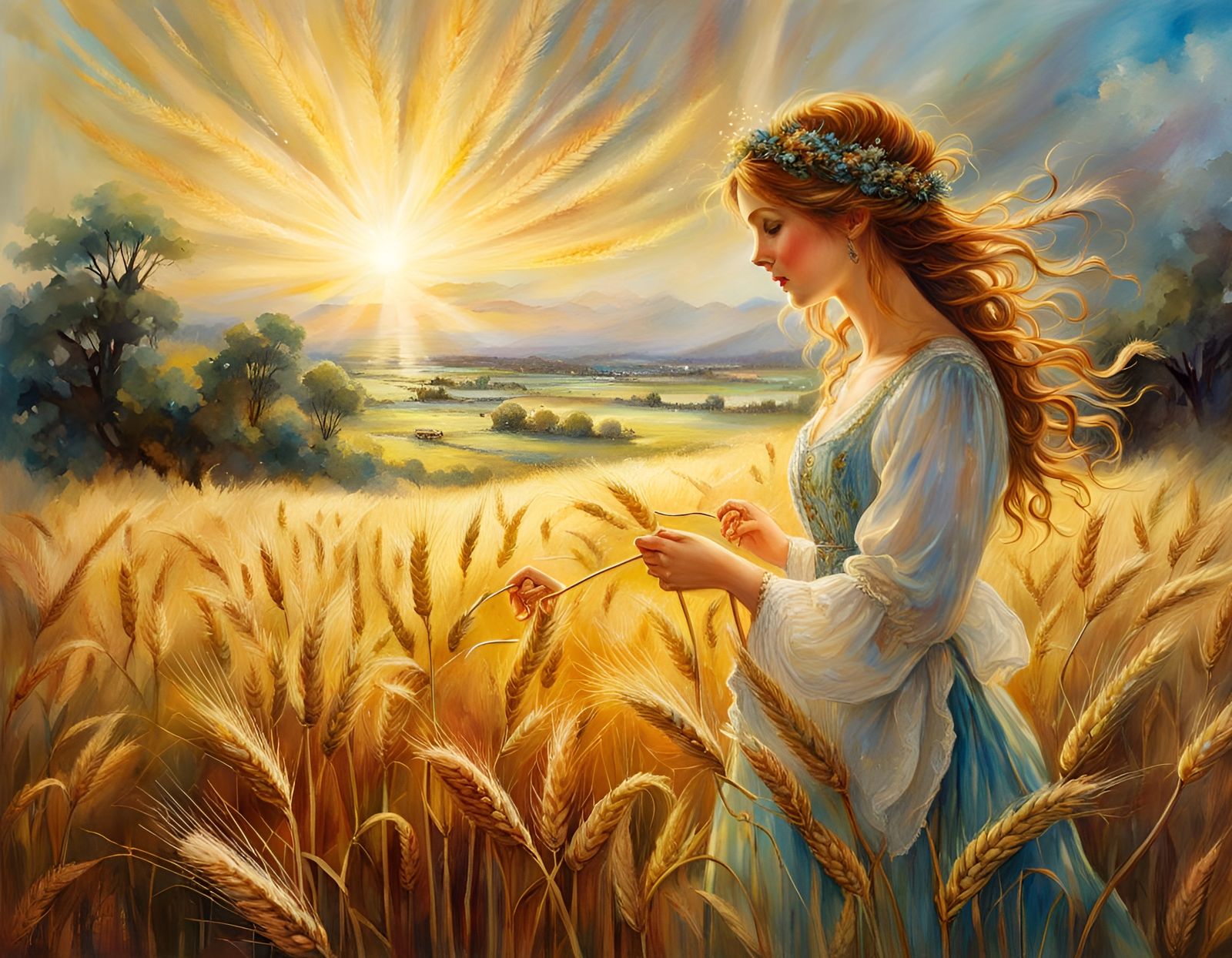 Golden Wheat Field with Woman in Watercolor Style