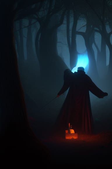 Ominous Wizard by Campfire, Post-Impressionist Style