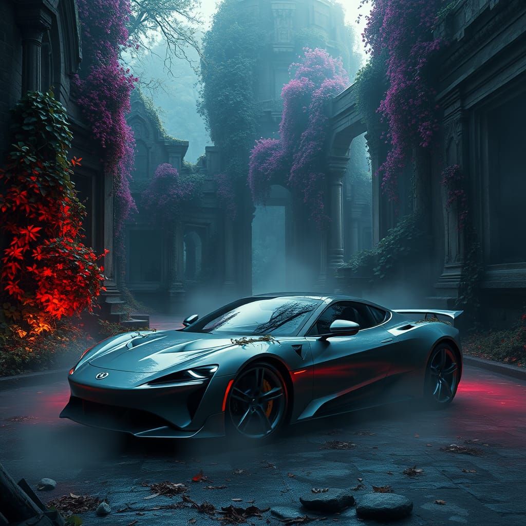 Sports Car Reclaimed by Nature in Fantasy Art Style