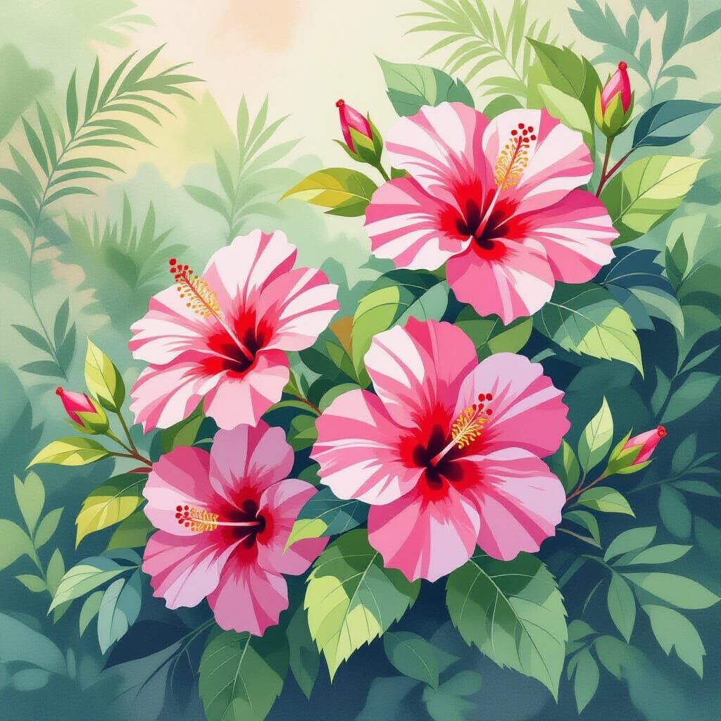 Hawaiian Hibiscus Watercolor Painting with Lush Greenery