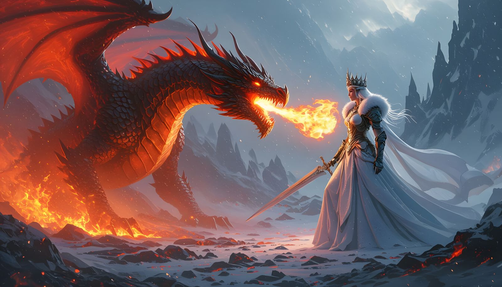 Fire Dragon and Ice Queen Clash: Fantasy Art
