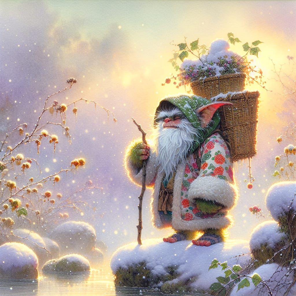 Gremlin's Winter Dreamscape in Watercolor Ukiyo-e Style