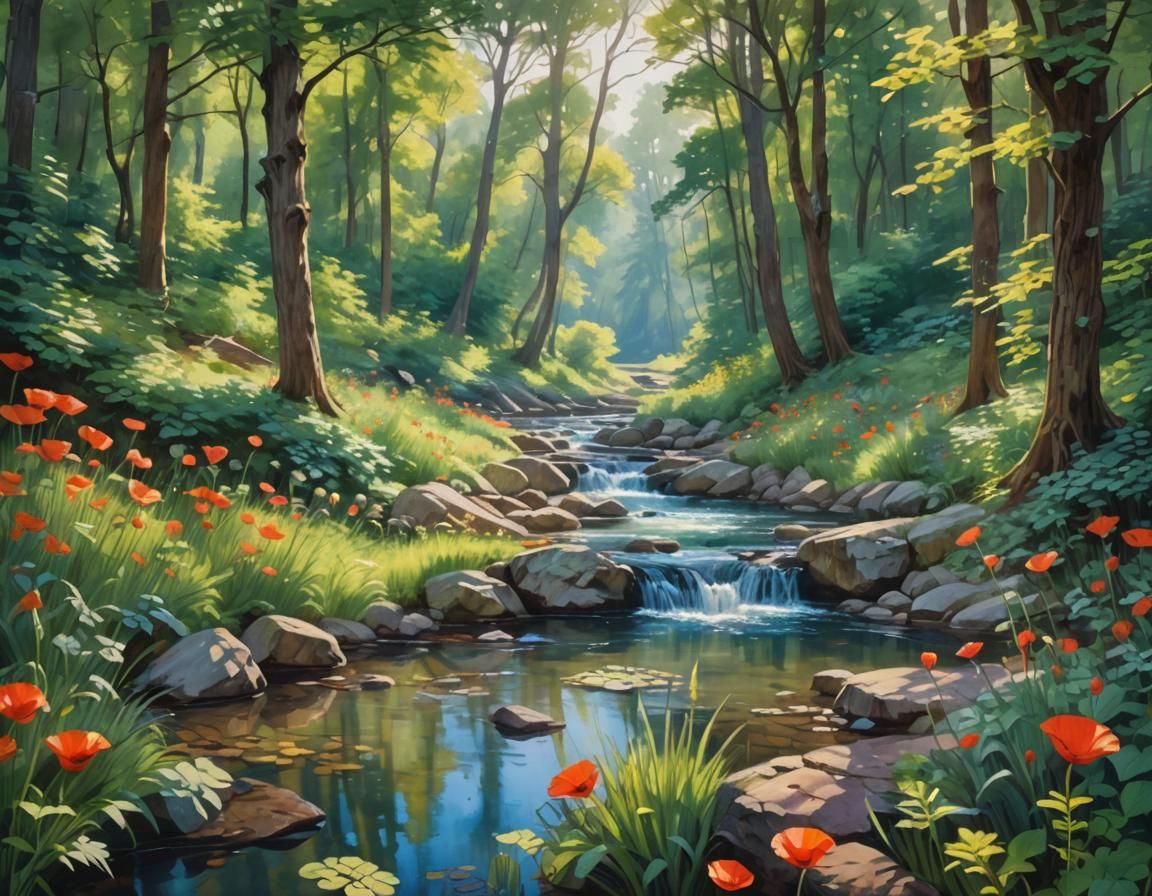 Magical Forest with Rippling Creek as Gouache Painting