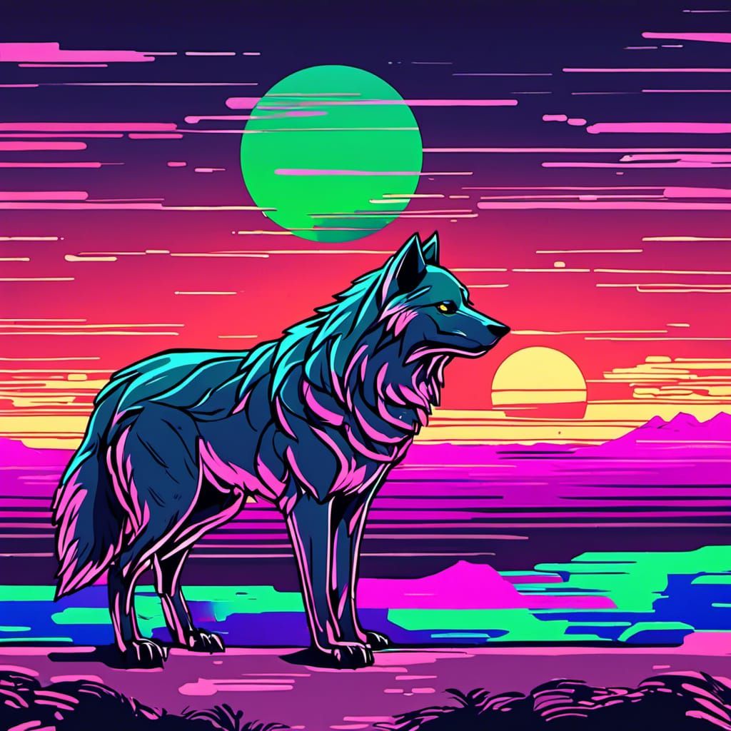 Wolf Running Towards Purple Sunset, Ghibli-esque
