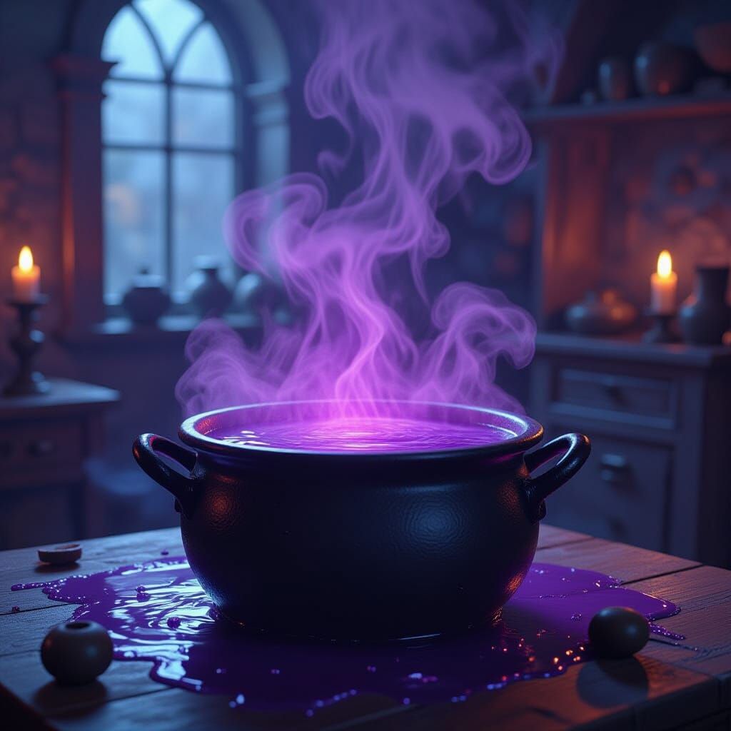 Cauldron filled with a boiling purple liquid 97