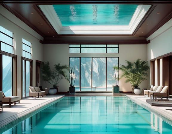 Luxurious Indoor Pool with Mountain View, Photorealistic