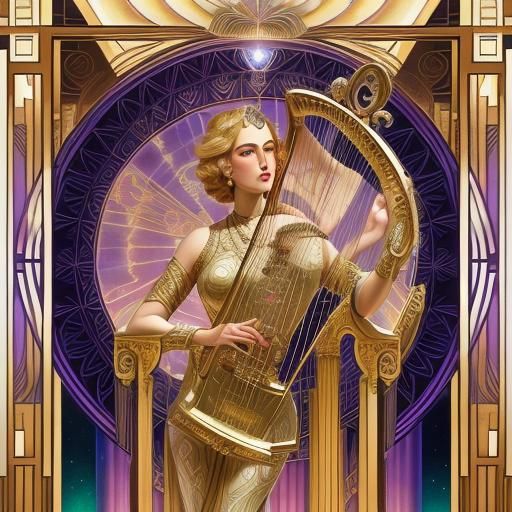 Metatron Plays Harp in Art Deco Cloudscape