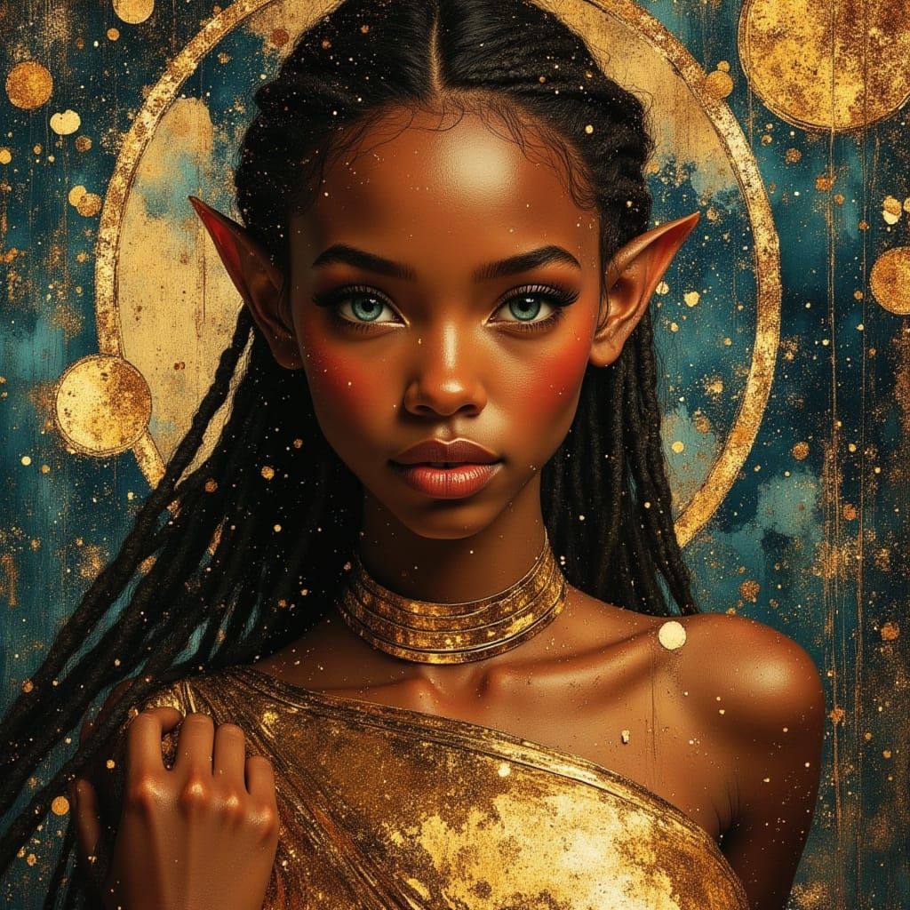 African Warrior Elf Goddess in Swirling Cosmos