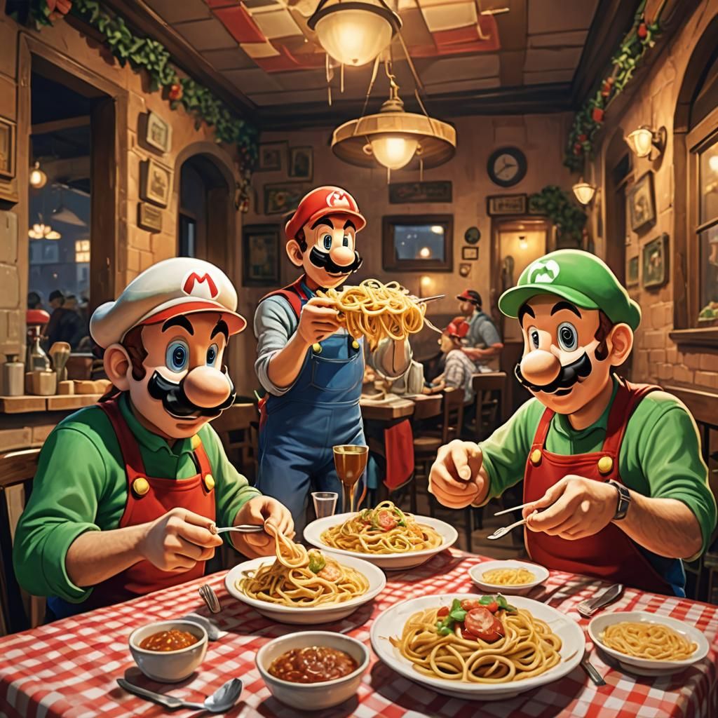 Mario and Luigi Enjoying Spaghetti, Miyazaki-esque Digital A...