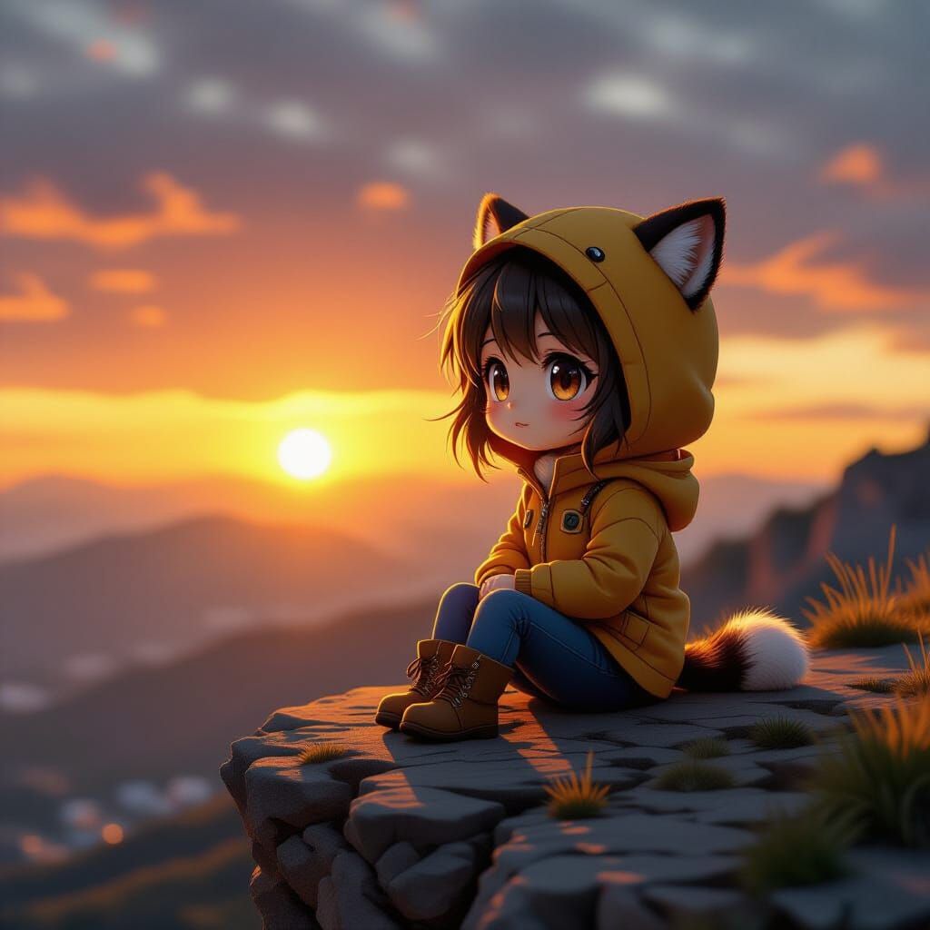 Chibi on Cliff at Sunrise in Photorealistic Style