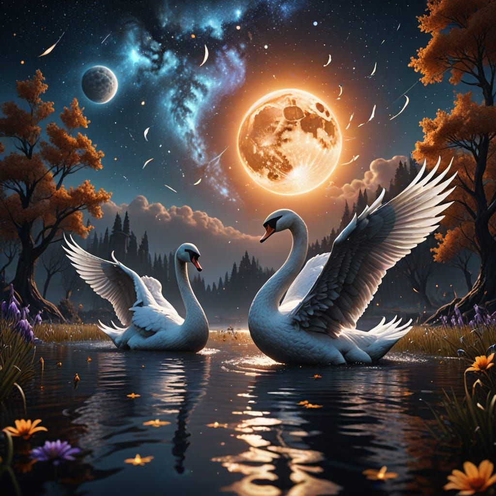 Vibrant Fantasy Swans Dance Among Stars