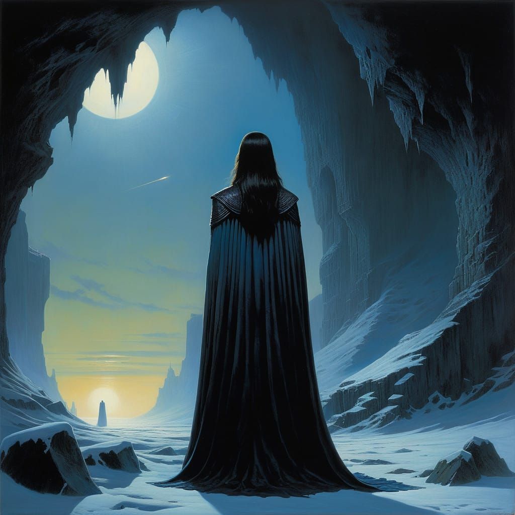 Frozen Cave Encounter in Dark Fantasy Style