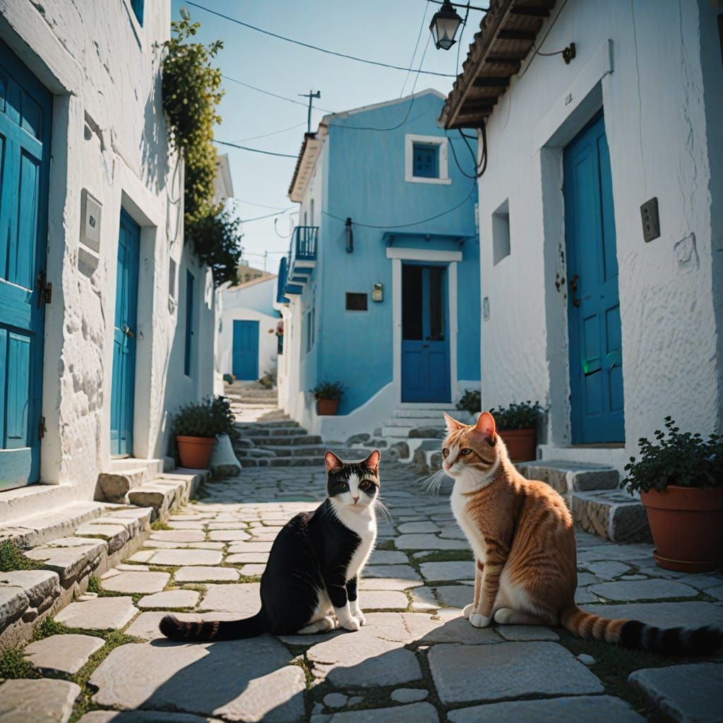 Girl and Cat in Greece: A Cinematic Still