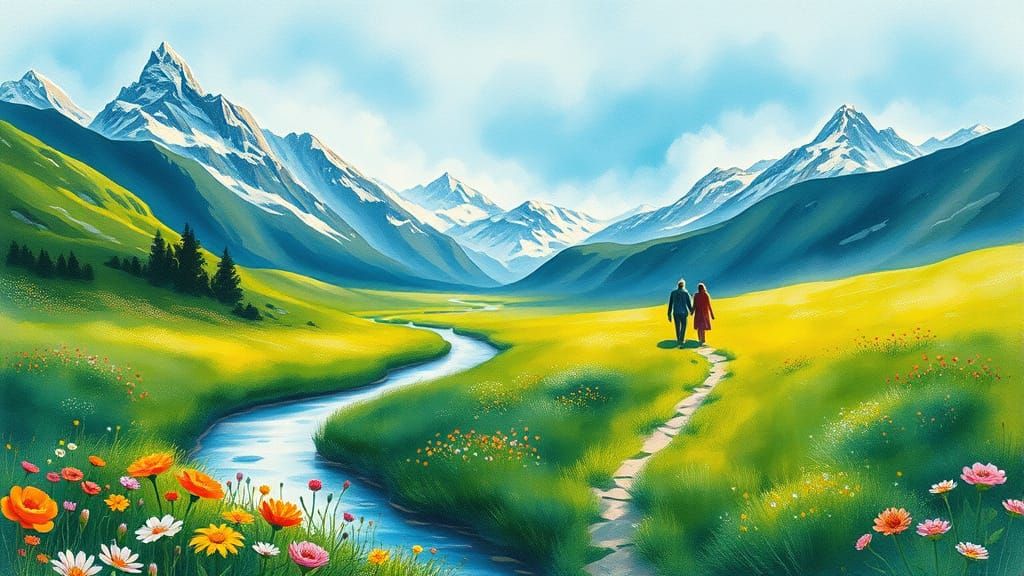 Whimsical Watercolor Landscape with Snow-Capped Mountains an...