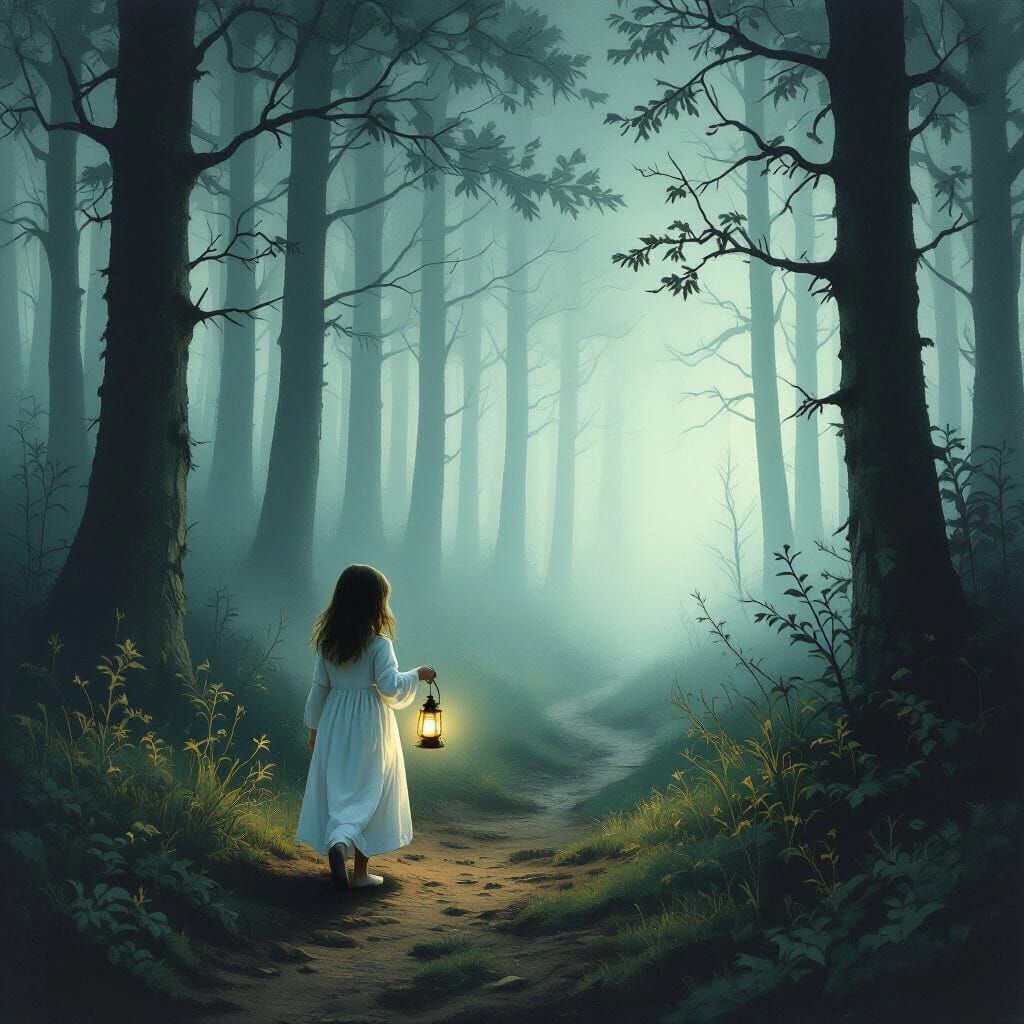 Girl in Misty Forest Following Oil Lamp Light