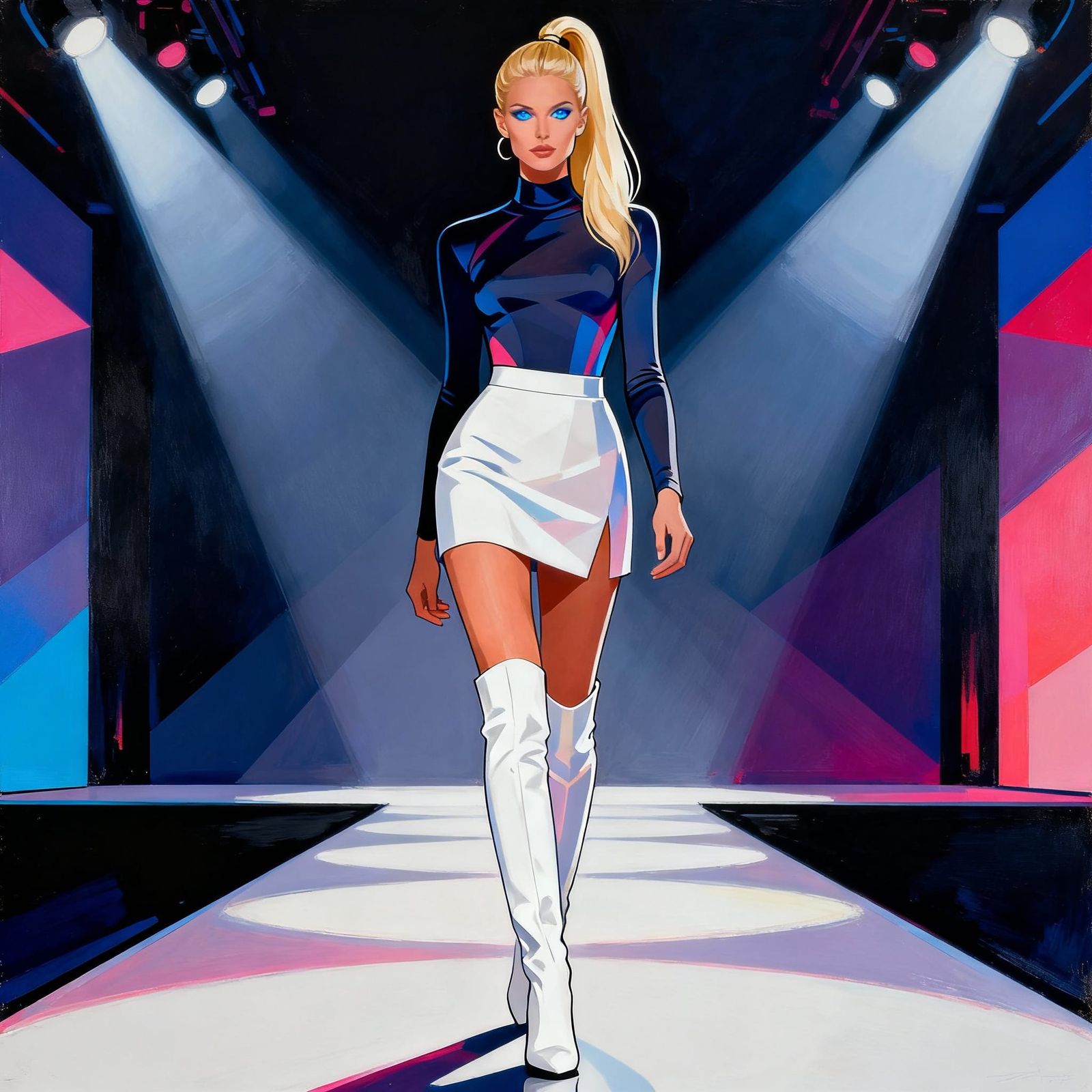 Glamorous Blonde Model on Runway in Thigh-High Boots