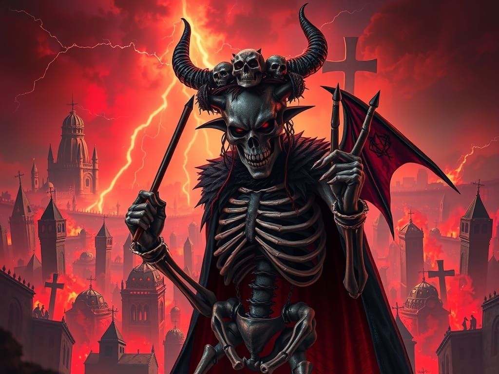 Skeletal Demon in Fiery Apocalyptic City