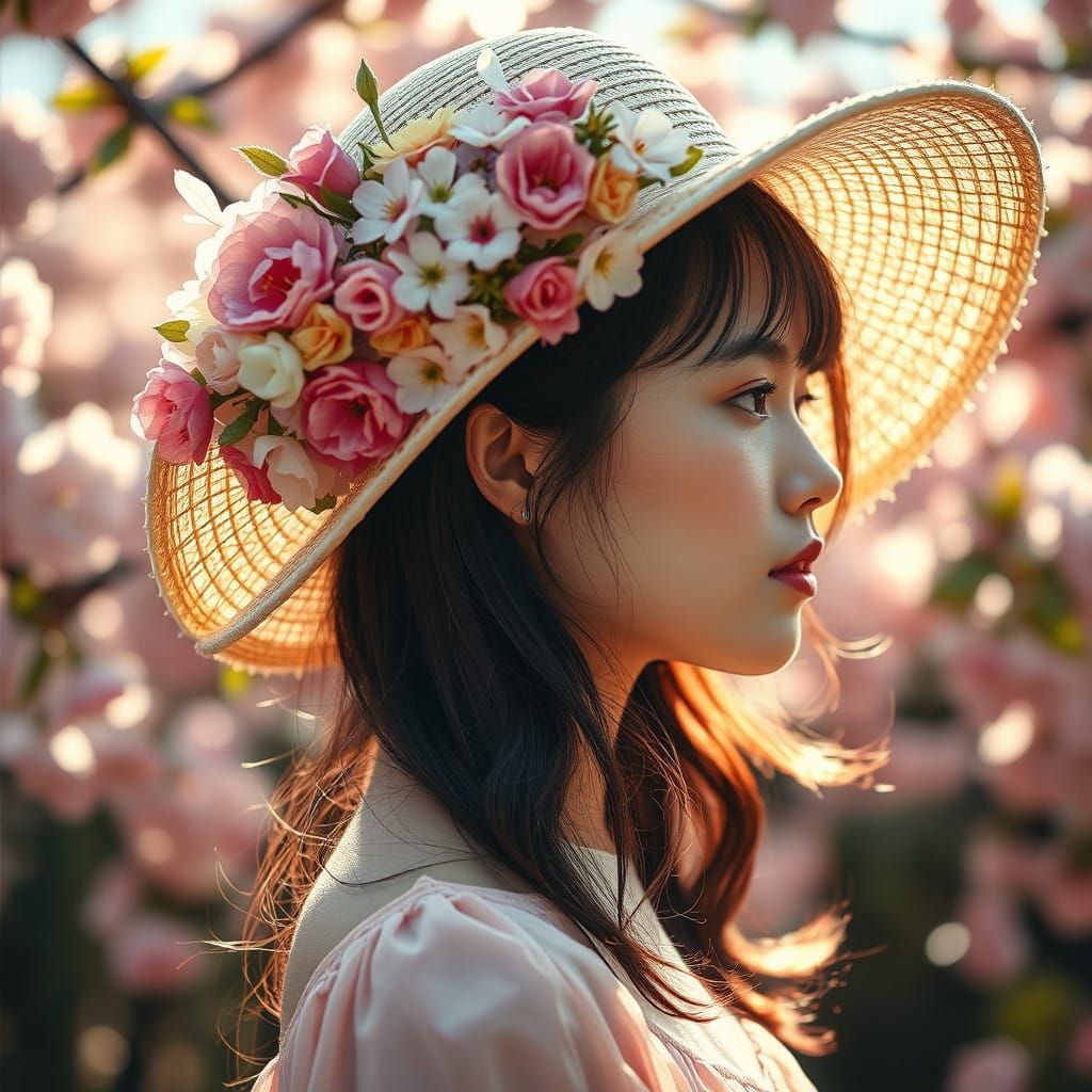 Ethereal Portrait of a Young Woman in a Lavish Floral Hat