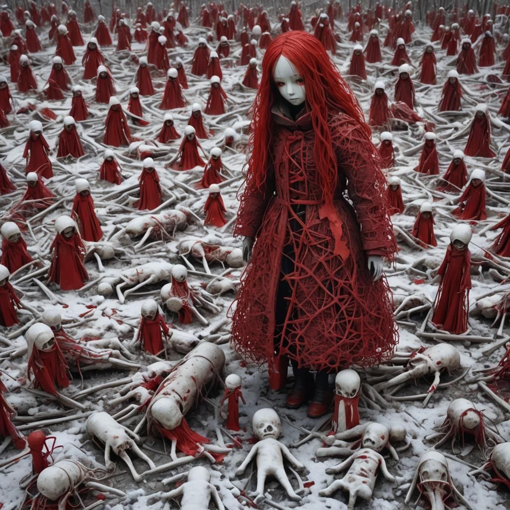 A Red Doll Standing Vigilant Amidst Winter Apocalypse in a M...