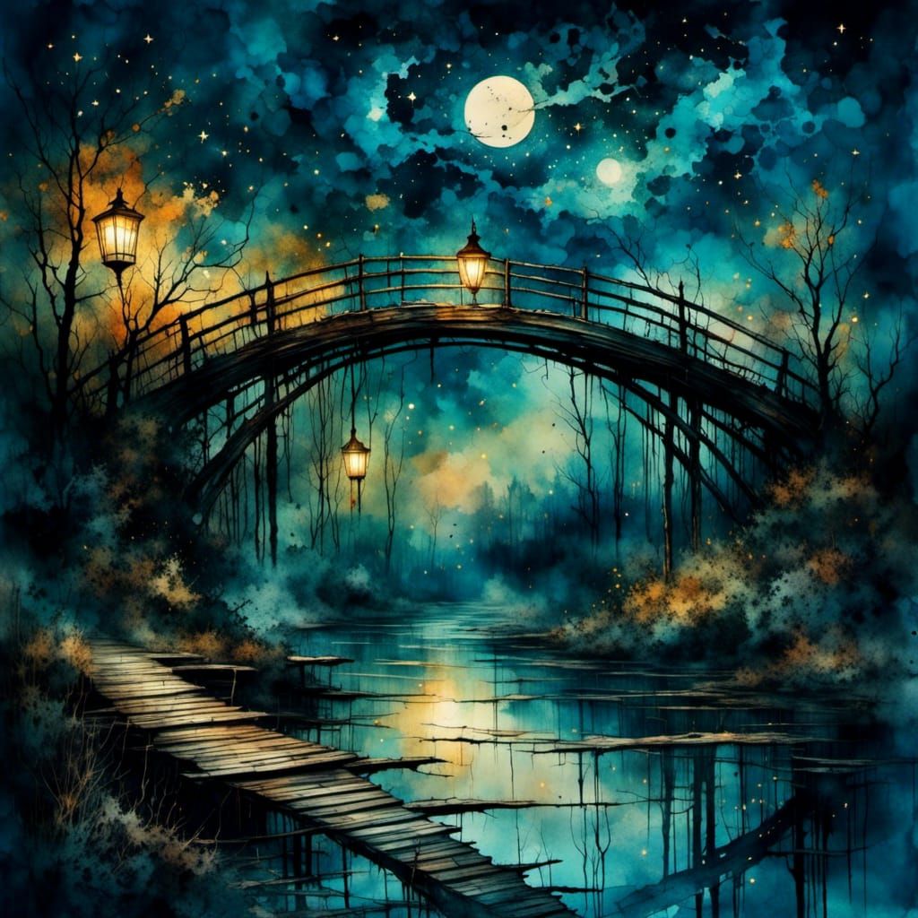 Starry Night Bridge Painting in Van Gogh Style