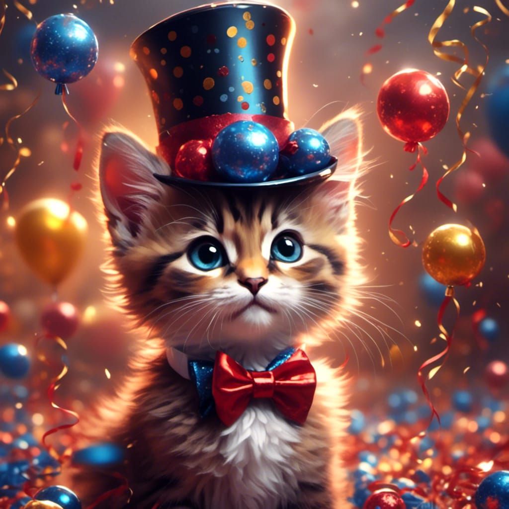 Festive Kitten Celebrates New Year's Eve