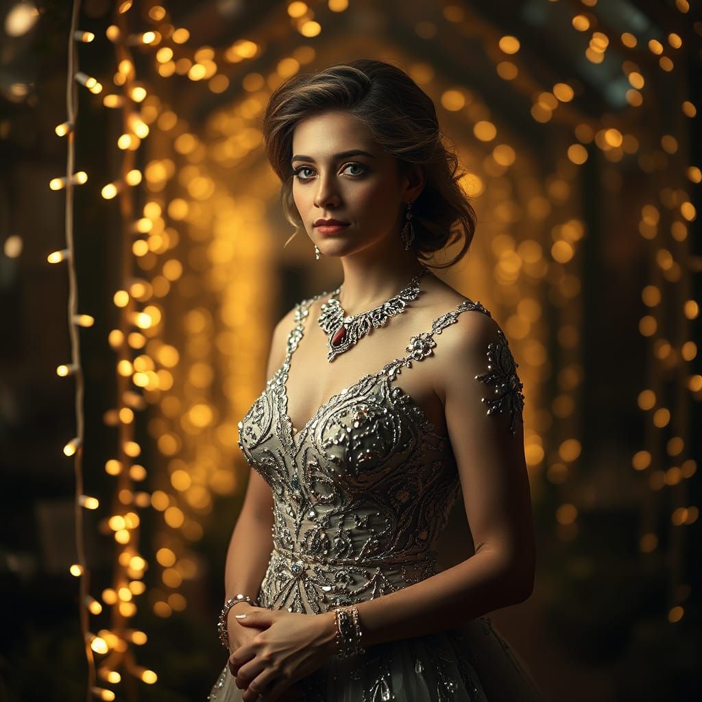 Diana in Fairy Lights, Hyperrealistic Gala Photo